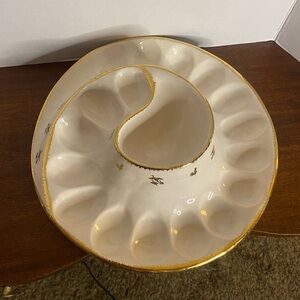 1976 Gold and Cream Ceramic Deviled Egg Platter / dip holder